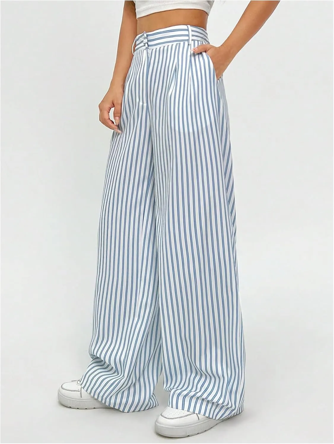 Milumia Women's Striped Print Work Pants Wide Leg Zip Pockets Casual Trousers
