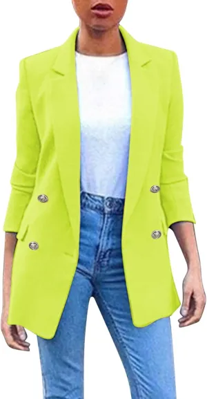 Miyaomn Popular Ladies Womens Clothes 2023 Womens Solid Color Casual Office Blazer Suit Jacket Slim Fit Double Breasted Notched Shawl Collar Sports Coat Outwear(Neon Green,X-Large)