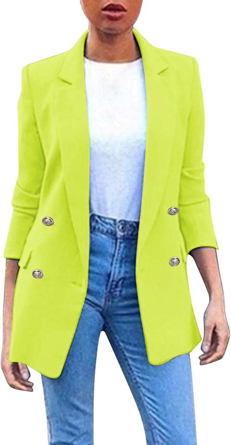 Miyaomn Popular Ladies Womens Clothes 2023 Womens Solid Color Casual Office Blazer Suit Jacket Slim Fit Double Breasted Notched Shawl Collar Sports Coat Outwear(Neon Green,X-Large)