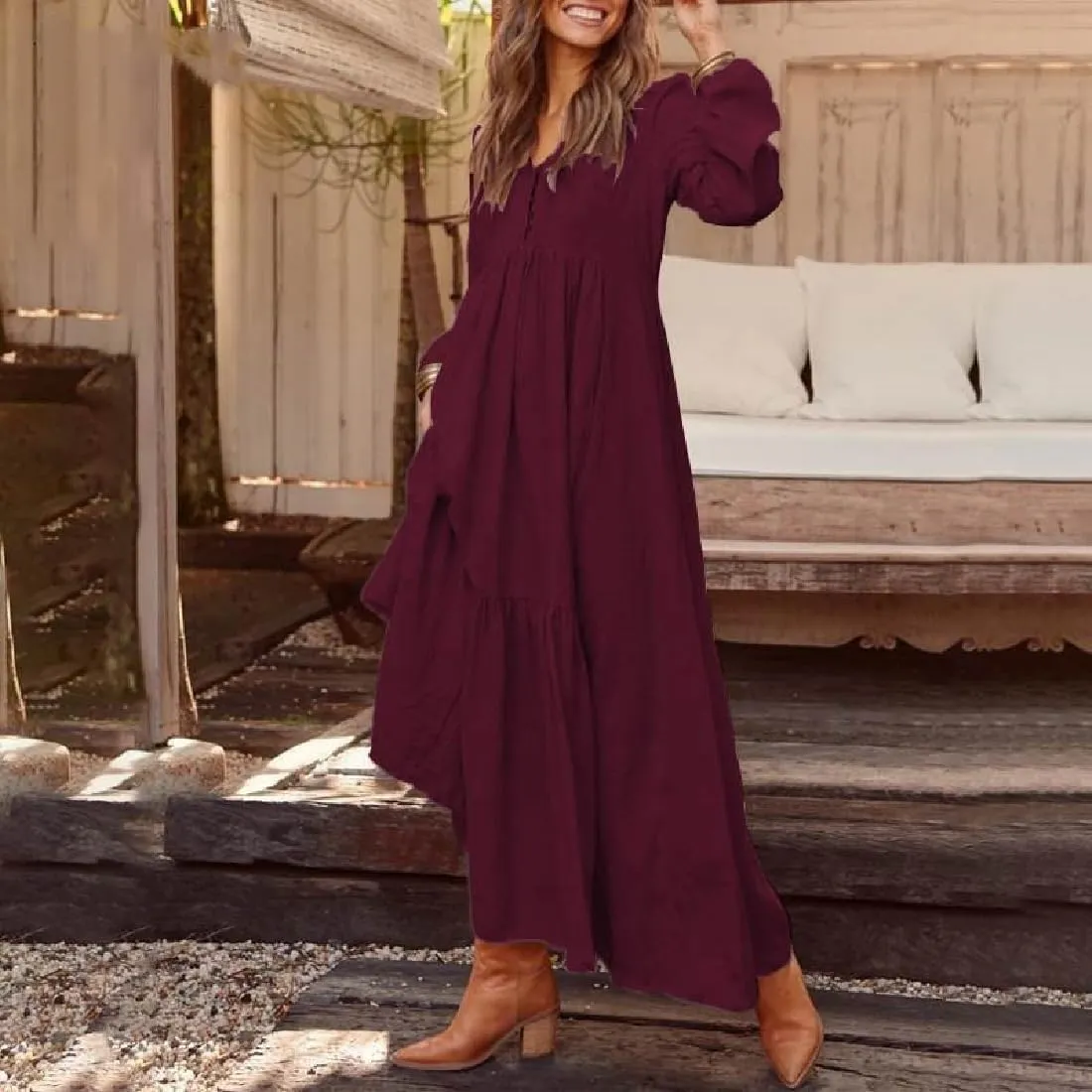 ONLYWOOD Womens V-Neck Summer Loose Sundress Solid Color Casual Long Sleeves Cotton Button Down Long Maxi Beach Basic Dresses