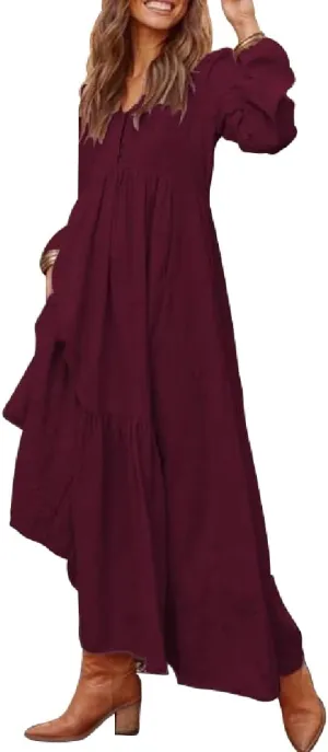 ONLYWOOD Womens V-Neck Summer Loose Sundress Solid Color Casual Long Sleeves Cotton Button Down Long Maxi Beach Basic Dresses