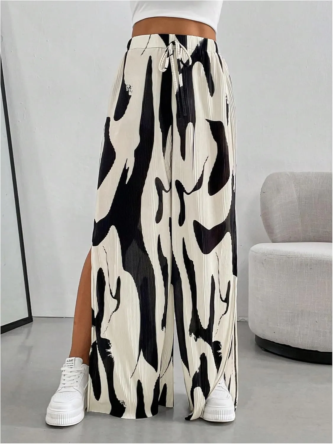 OYOANGLE Women's All Over Print High Split Pleated Long Pants Elastic High Waist Wide Leg Casual Trousers