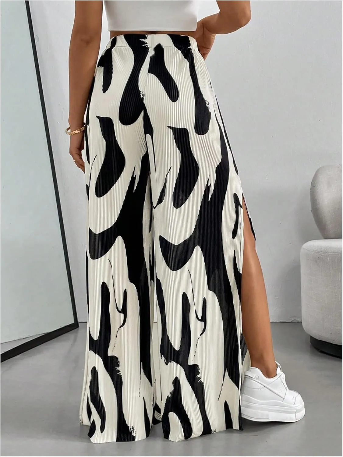 OYOANGLE Women's All Over Print High Split Pleated Long Pants Elastic High Waist Wide Leg Casual Trousers