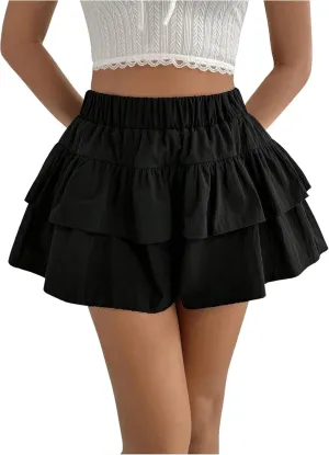 OYOANGLE Women's High Waist Tiered Layer Skirt Shorts Ruffle Hem A Line Mini Skorts