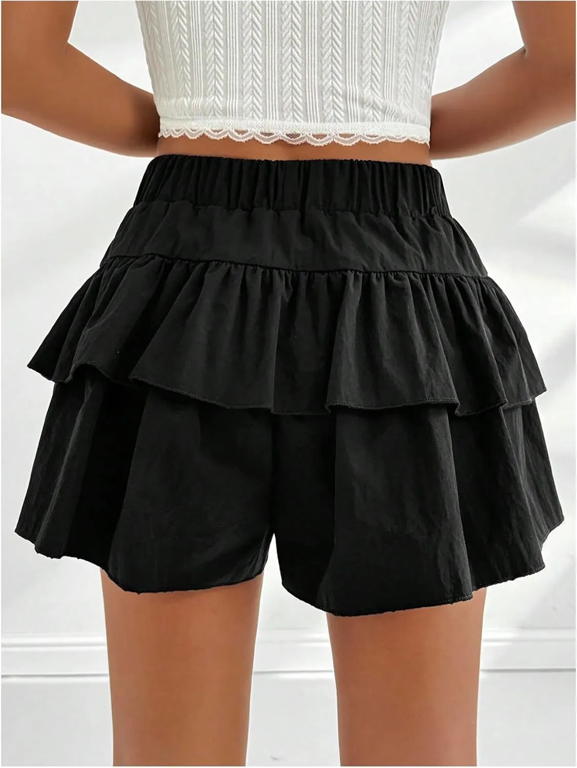 OYOANGLE Women's High Waist Tiered Layer Skirt Shorts Ruffle Hem A Line Mini Skorts
