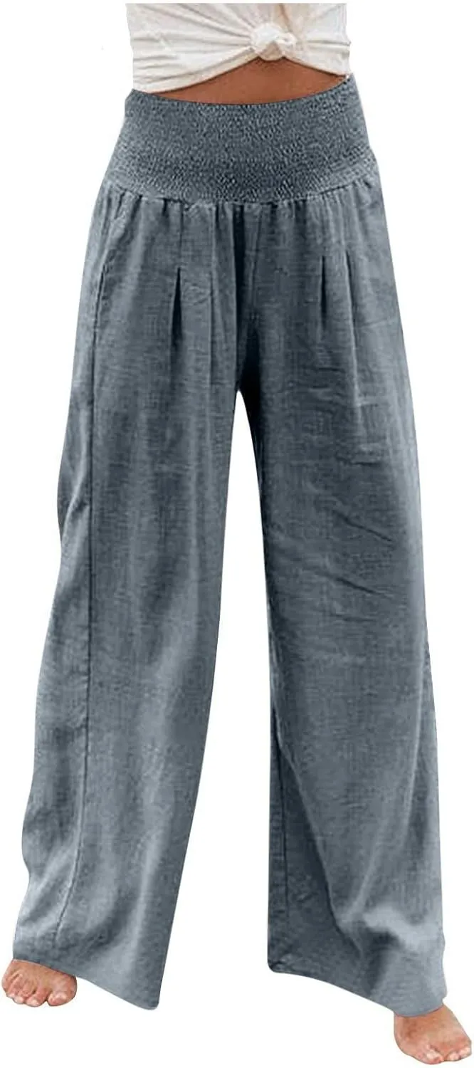 Palazzo Pants for Women Cotton Linen Elastic High Waist Wide Leg Pant Summer Relax Trousers with Pockets