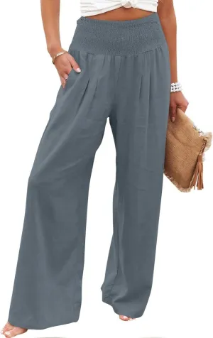 Palazzo Pants for Women Cotton Linen Elastic High Waist Wide Leg Pant Summer Relax Trousers with Pockets