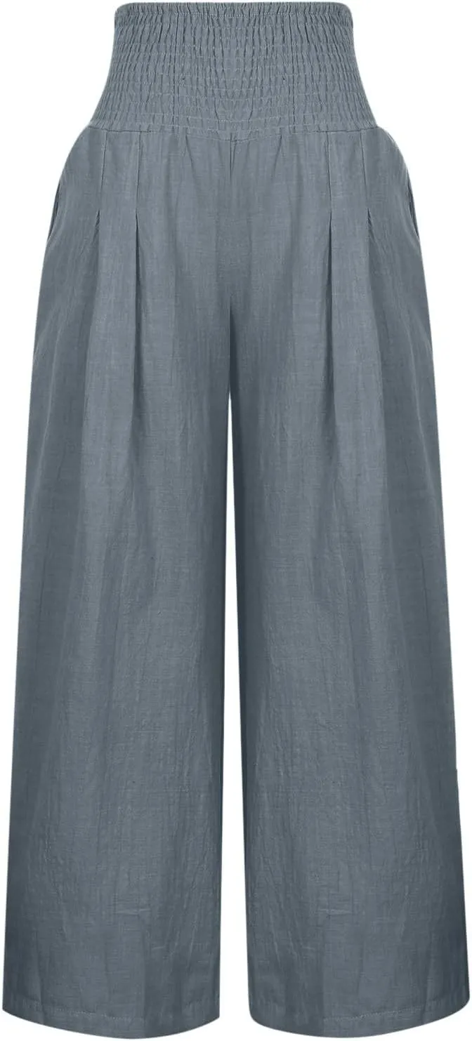 Palazzo Pants for Women Cotton Linen Elastic High Waist Wide Leg Pant Summer Relax Trousers with Pockets