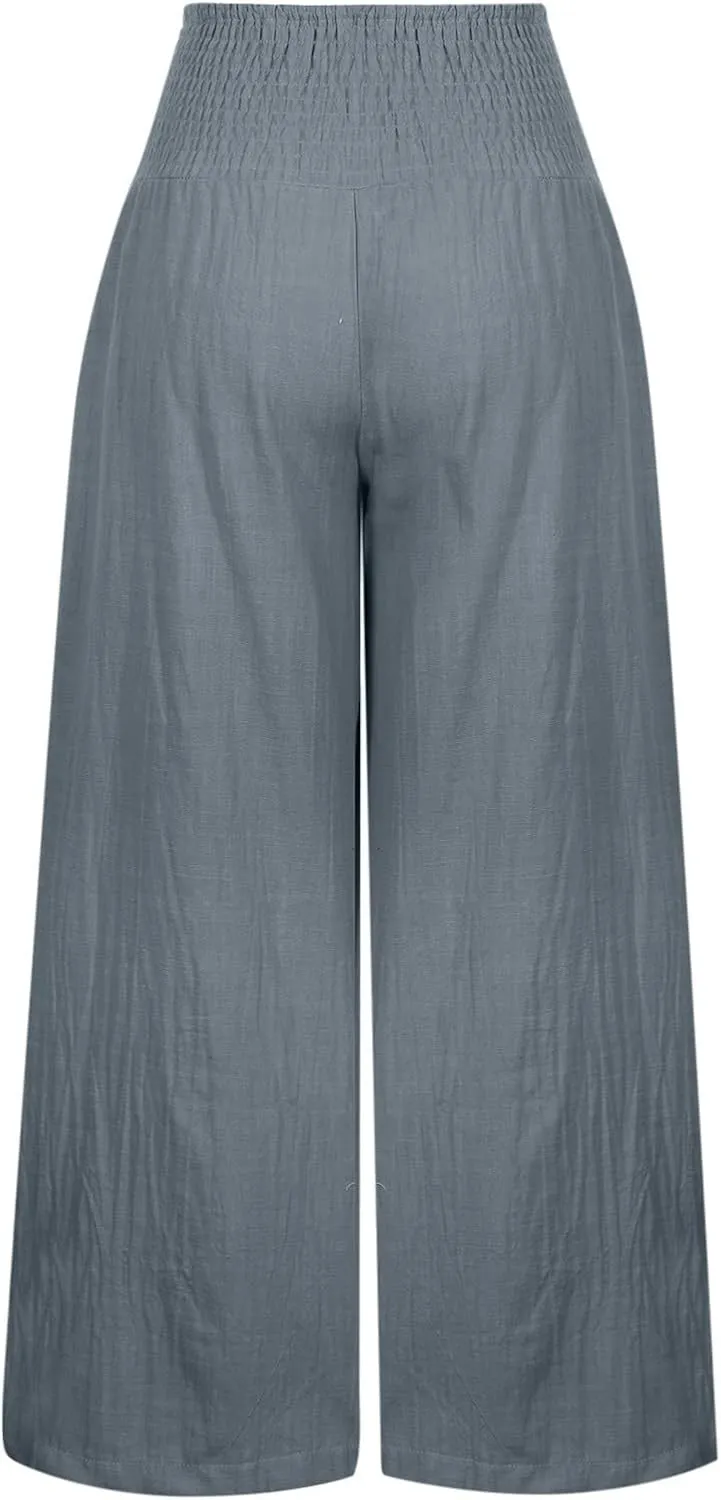 Palazzo Pants for Women Cotton Linen Elastic High Waist Wide Leg Pant Summer Relax Trousers with Pockets