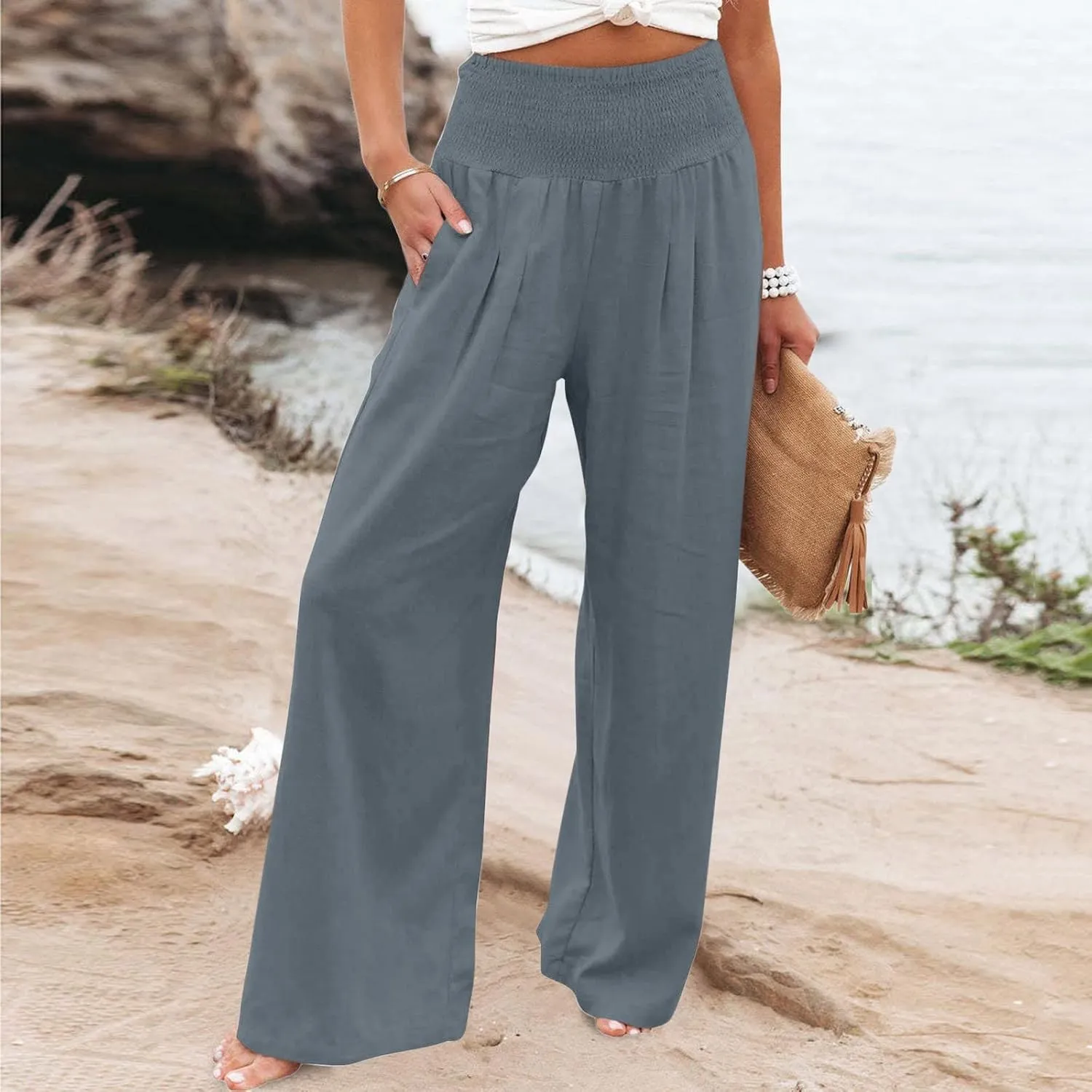 Palazzo Pants for Women Cotton Linen Elastic High Waist Wide Leg Pant Summer Relax Trousers with Pockets