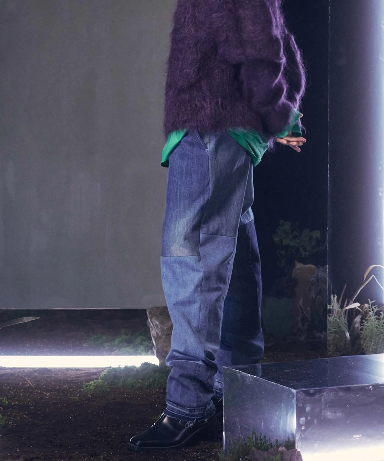 Patchwork Vintage denim One-Tuck Tapered Pants