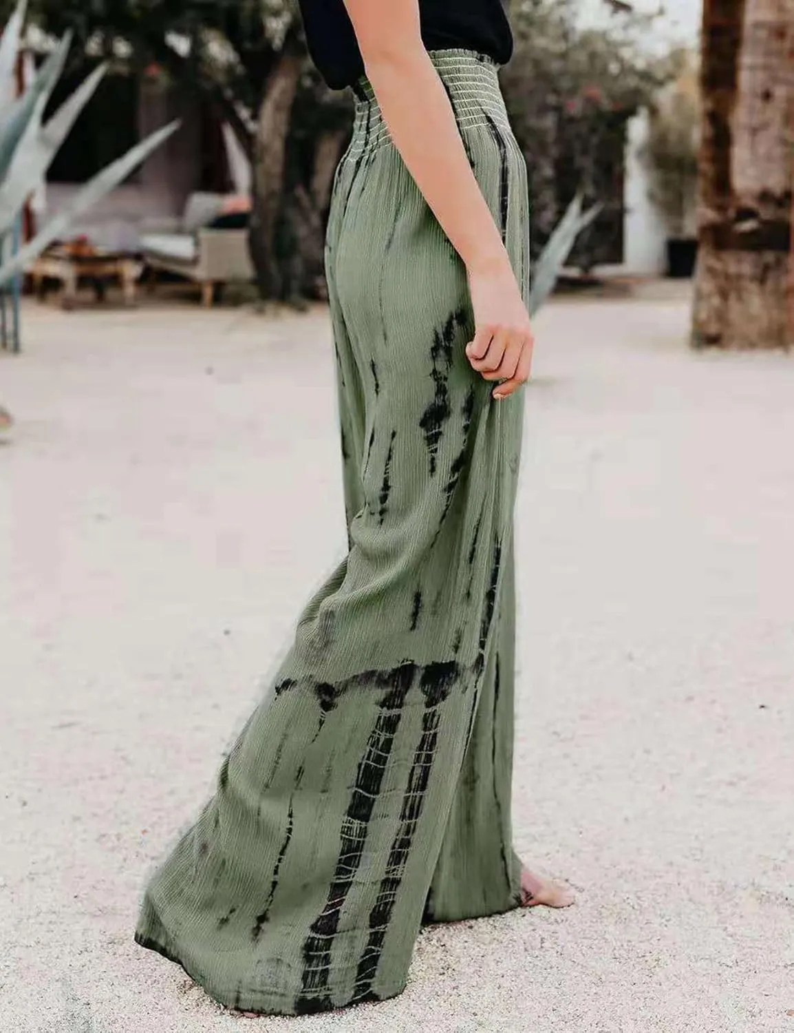 PEHMEA Women Wide Leg Pants Smocked High Waist Tie Dye Boho Casual Print Palazzo Lounge Pants