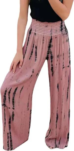 PEHMEA Women Wide Leg Pants Smocked High Waist Tie Dye Boho Casual Print Palazzo Lounge Pants