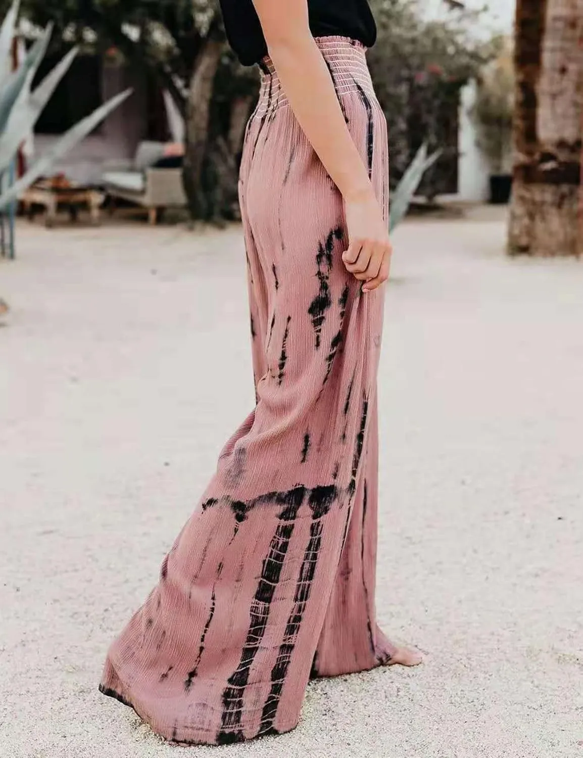 PEHMEA Women Wide Leg Pants Smocked High Waist Tie Dye Boho Casual Print Palazzo Lounge Pants