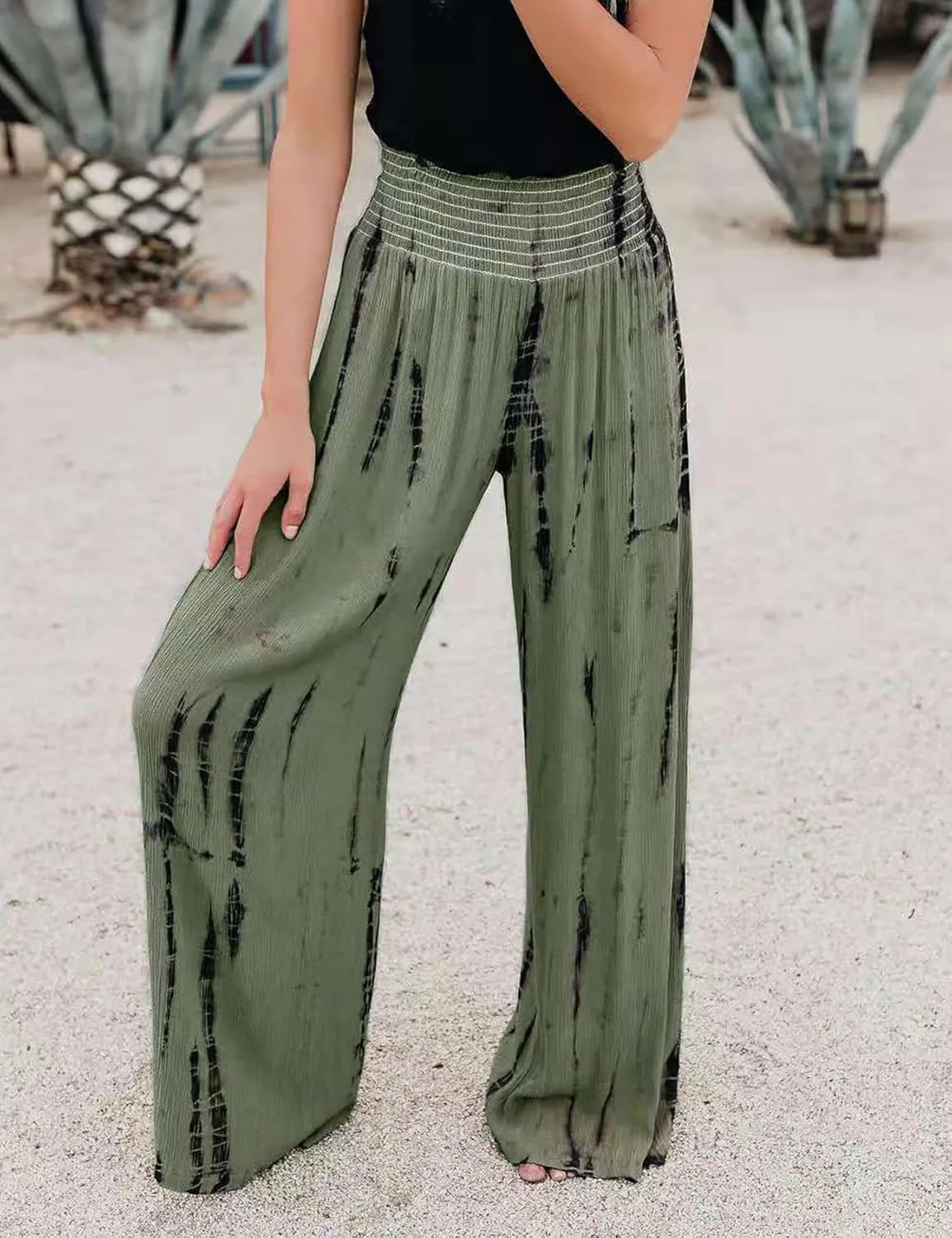 PEHMEA Women Wide Leg Pants Smocked High Waist Tie Dye Boho Casual Print Palazzo Lounge Pants