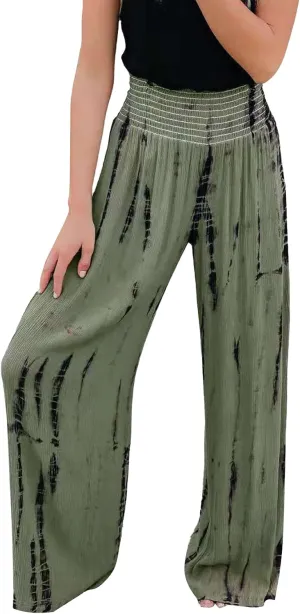 PEHMEA Women Wide Leg Pants Smocked High Waist Tie Dye Boho Casual Print Palazzo Lounge Pants