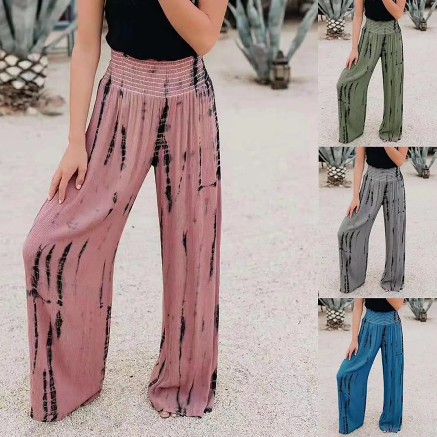 PEHMEA Women Wide Leg Pants Smocked High Waist Tie Dye Boho Casual Print Palazzo Lounge Pants