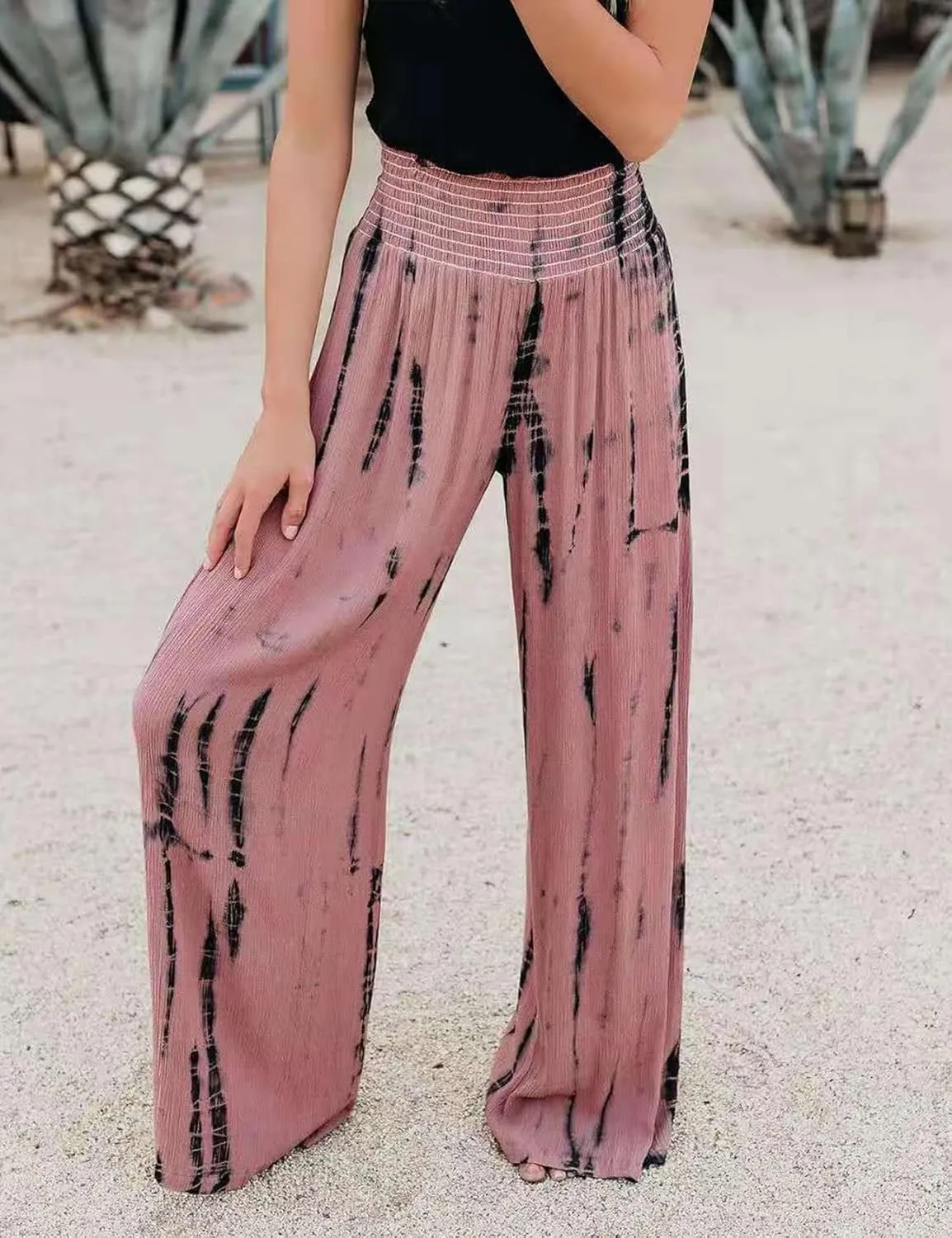 PEHMEA Women Wide Leg Pants Smocked High Waist Tie Dye Boho Casual Print Palazzo Lounge Pants