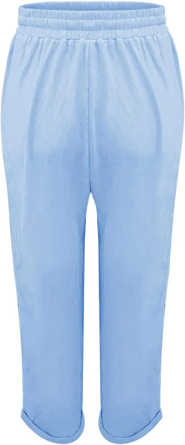 Plus Size Linen Pants for Women Drawstring Straight Lightweight Trousers with Pockets Solid Casual Loose Lounge Pants