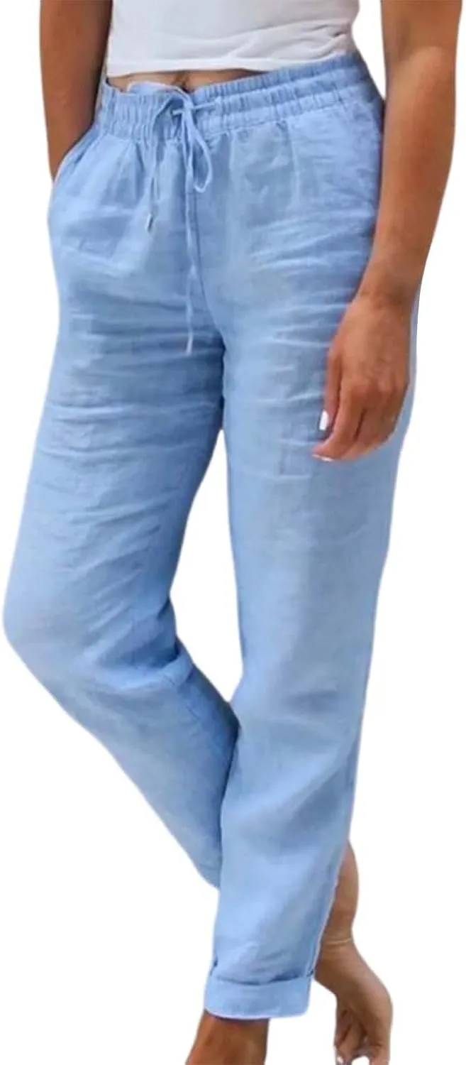 Plus Size Linen Pants for Women Drawstring Straight Lightweight Trousers with Pockets Solid Casual Loose Lounge Pants