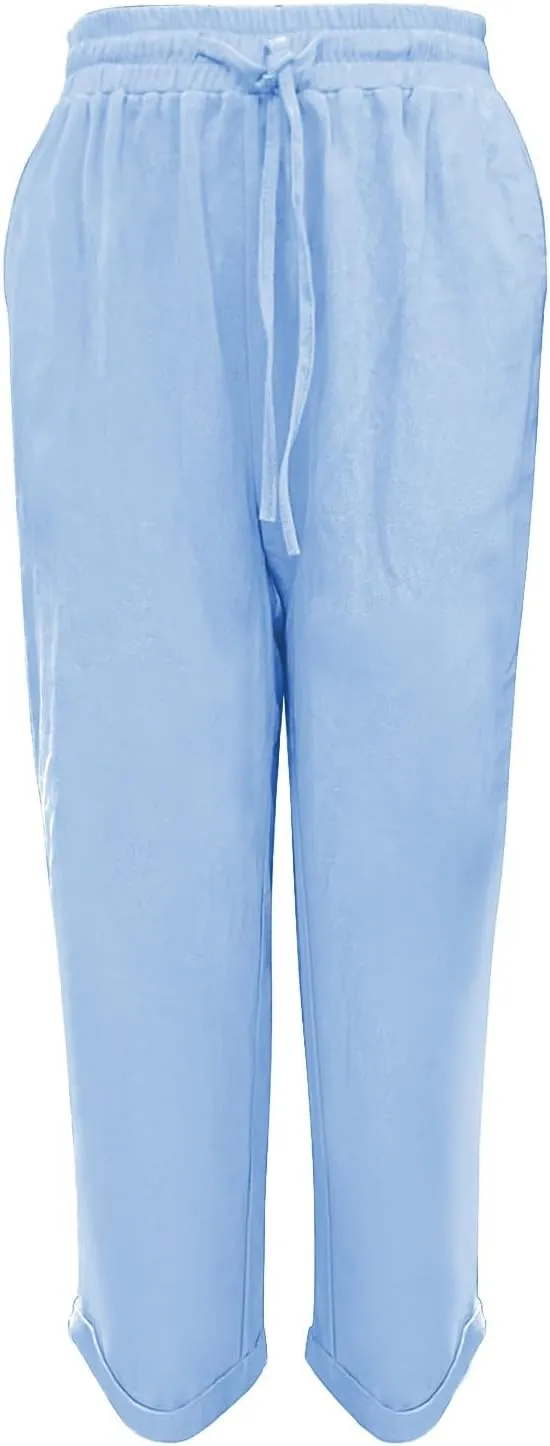 Plus Size Linen Pants for Women Drawstring Straight Lightweight Trousers with Pockets Solid Casual Loose Lounge Pants