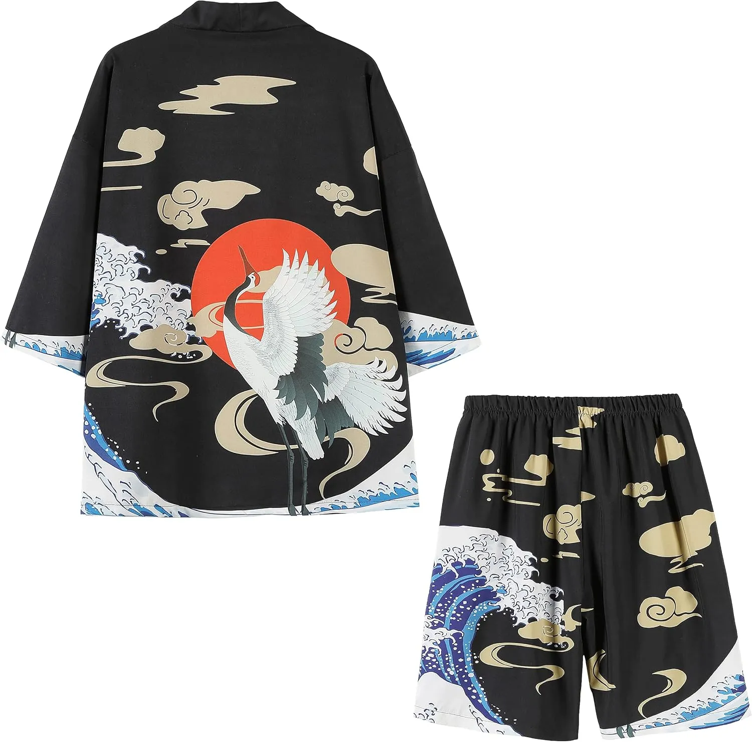 PRIJOUHE Mens Japanese Kimono Coat Suits Loose Open Front Seven Sleeve Kimono Cardigan Jacket with Shorts