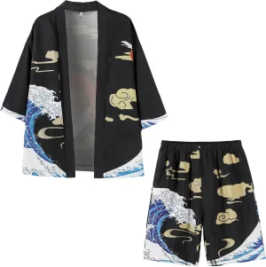 PRIJOUHE Mens Japanese Kimono Coat Suits Loose Open Front Seven Sleeve Kimono Cardigan Jacket with Shorts