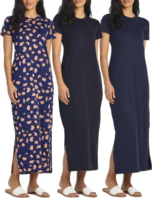 Real Essentials 3 Pack Womens Casual Short Sleeve Maxi T-Shirt Summer Dress with Slit & Pockets (Available in Plus Size)