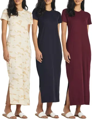 Real Essentials 3 Pack Womens Casual Short Sleeve Maxi T-Shirt Summer Dress with Slit & Pockets (Available in Plus Size)
