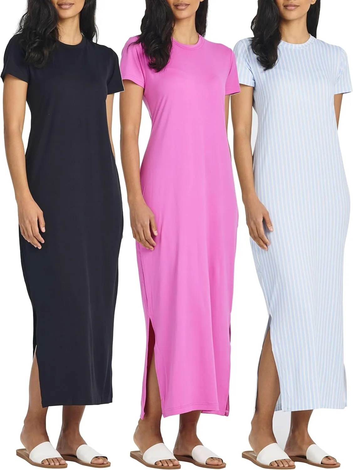 Real Essentials 3 Pack Womens Casual Short Sleeve Maxi T-Shirt Summer Dress with Slit & Pockets (Available in Plus Size)