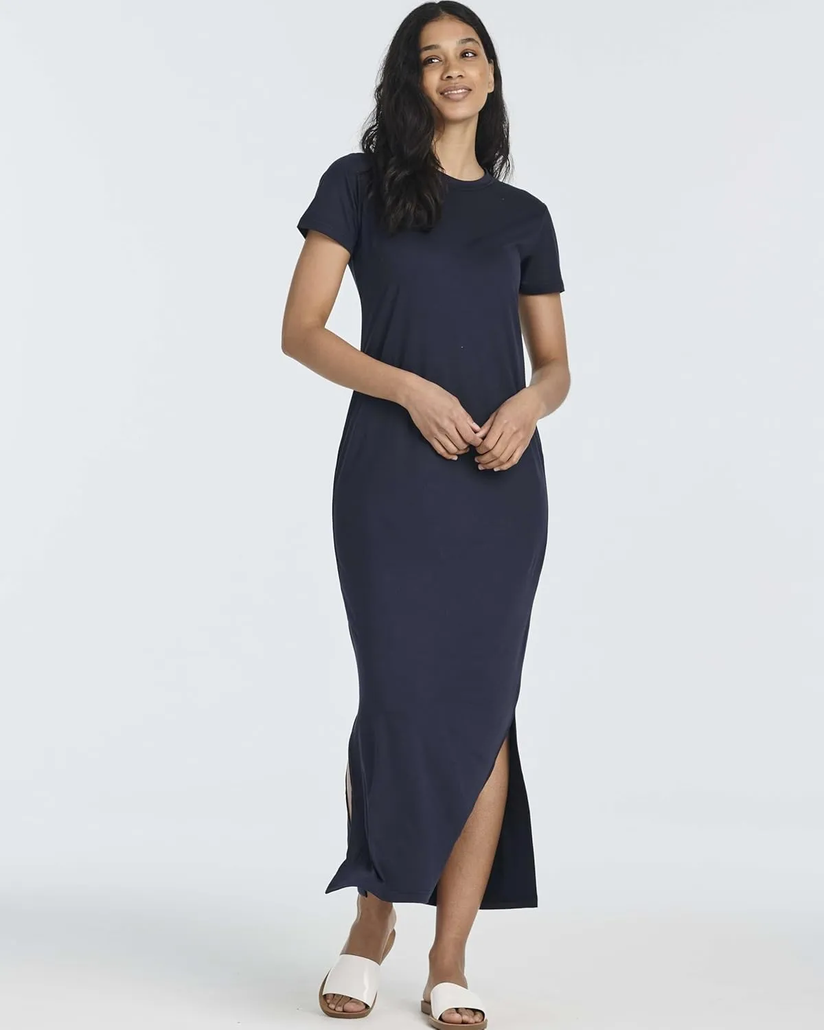 Real Essentials 3 Pack Womens Casual Short Sleeve Maxi T-Shirt Summer Dress with Slit & Pockets (Available in Plus Size)