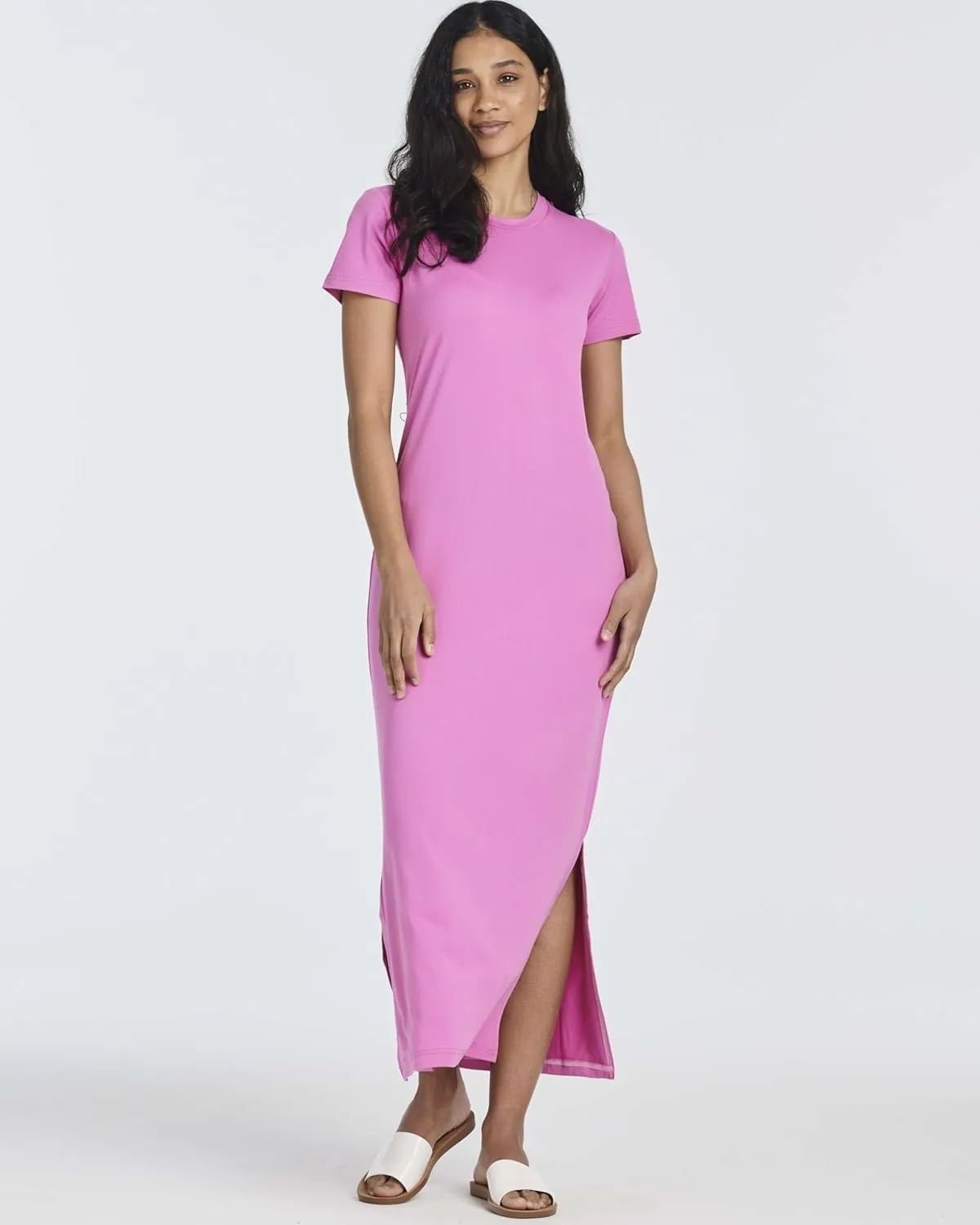 Real Essentials 3 Pack Womens Casual Short Sleeve Maxi T-Shirt Summer Dress with Slit & Pockets (Available in Plus Size)