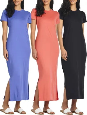 Real Essentials 3 Pack Womens Casual Short Sleeve Maxi T-Shirt Summer Dress with Slit & Pockets (Available in Plus Size)
