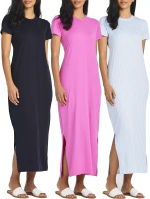 Real Essentials 3 Pack Womens Casual Short Sleeve Maxi T-Shirt Summer Dress with Slit & Pockets (Available in Plus Size)