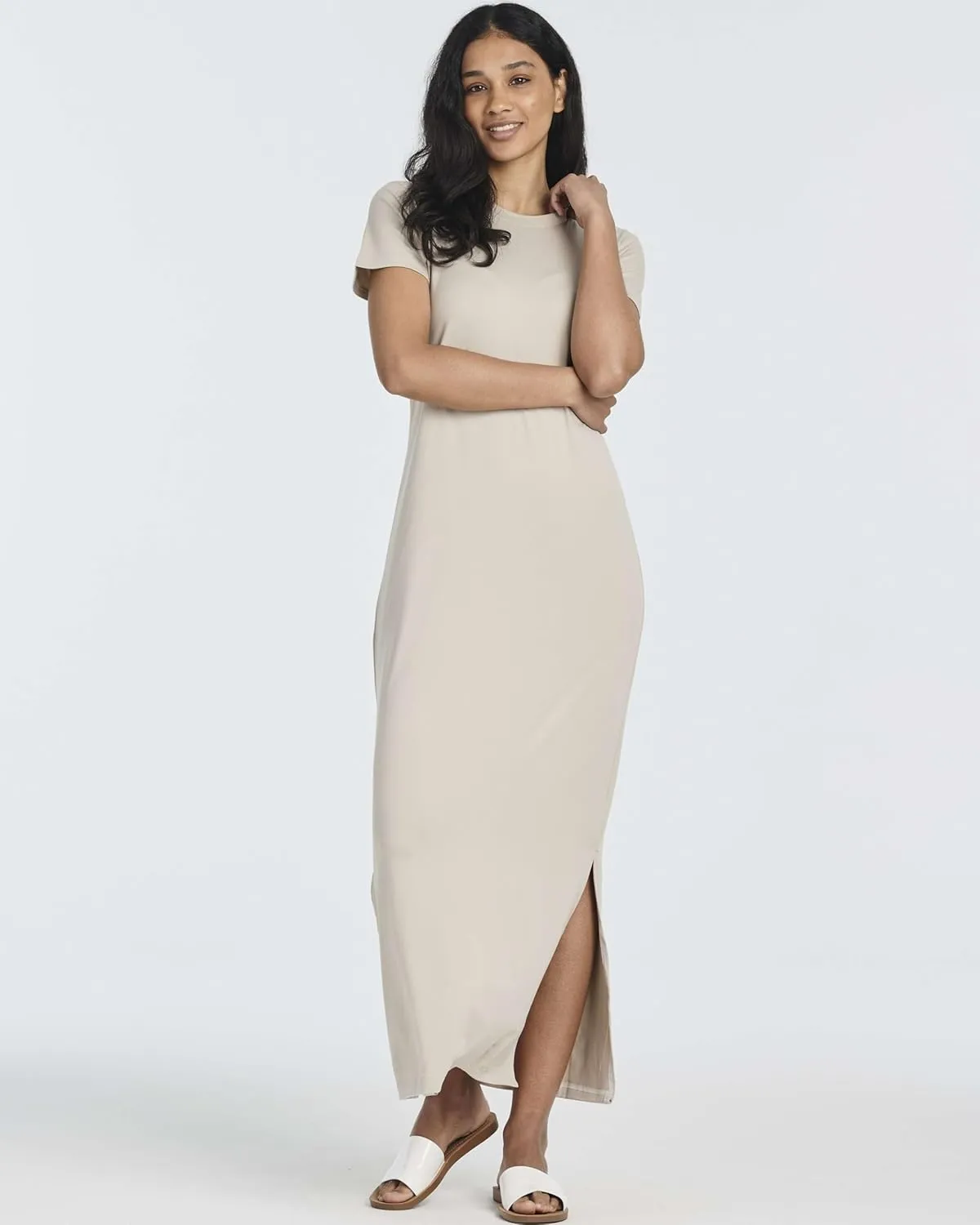 Real Essentials 3 Pack Womens Casual Short Sleeve Maxi T-Shirt Summer Dress with Slit & Pockets (Available in Plus Size)