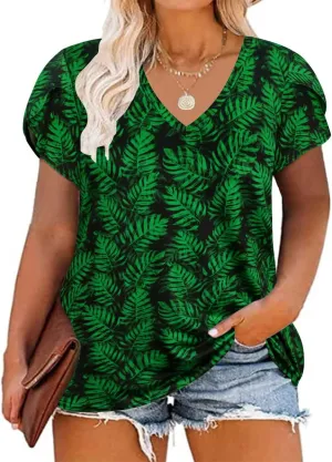 RITERA Plus Size Tops for Women Floral/Solid Color Short Sleeve V Neck with Ring Hole Summer Tshirt XL-5XL