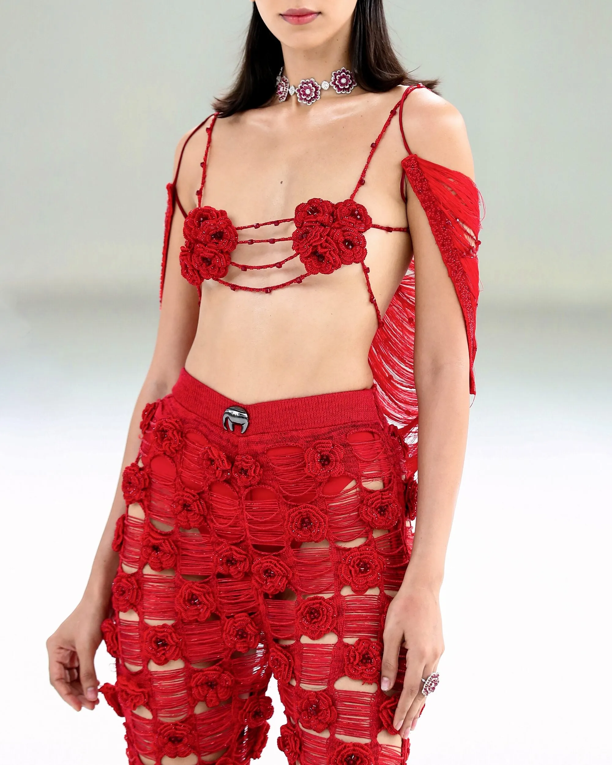 Rosa Shred Knit Pants with Fleur Micro Bustier and Fringe Overlay