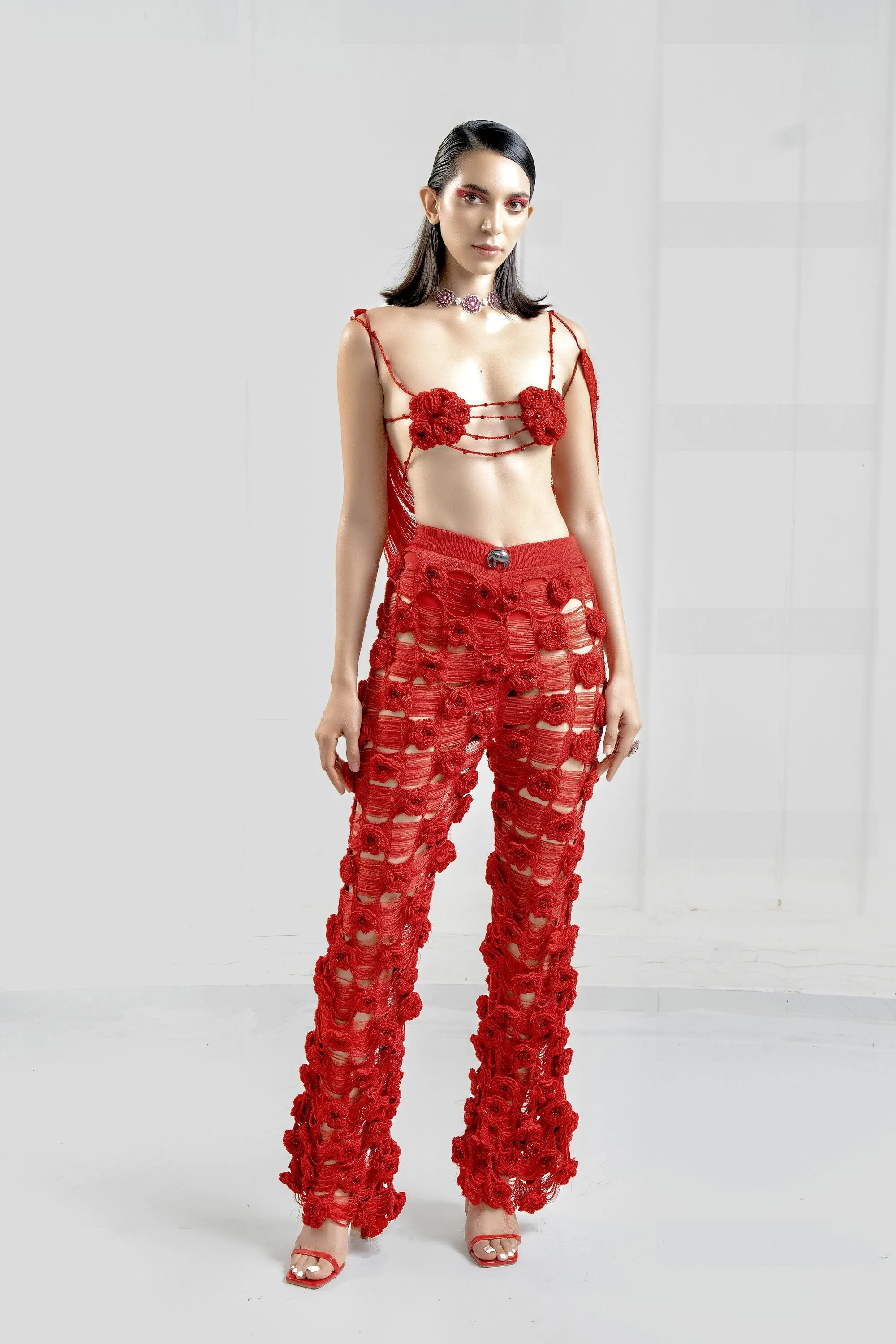 Rosa Shred Knit Pants with Fleur Micro Bustier and Fringe Overlay