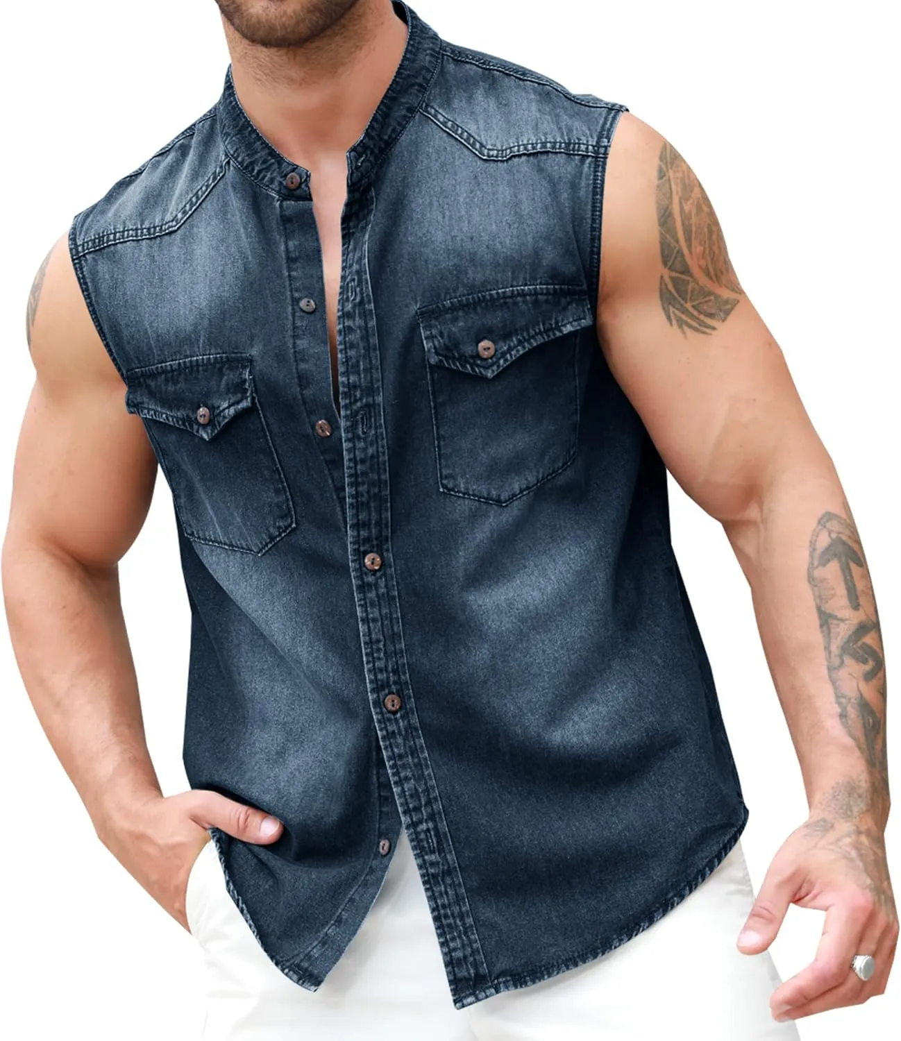 Ryannology Mens Denim Sleeveless Shirts Cowboy Jean Vest Casual Button Down Slim Fit Work Cotton Tops with Pockets