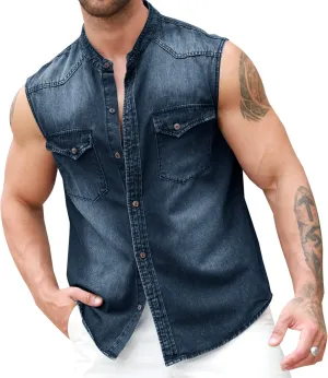 Ryannology Mens Denim Sleeveless Shirts Cowboy Jean Vest Casual Button Down Slim Fit Work Cotton Tops with Pockets
