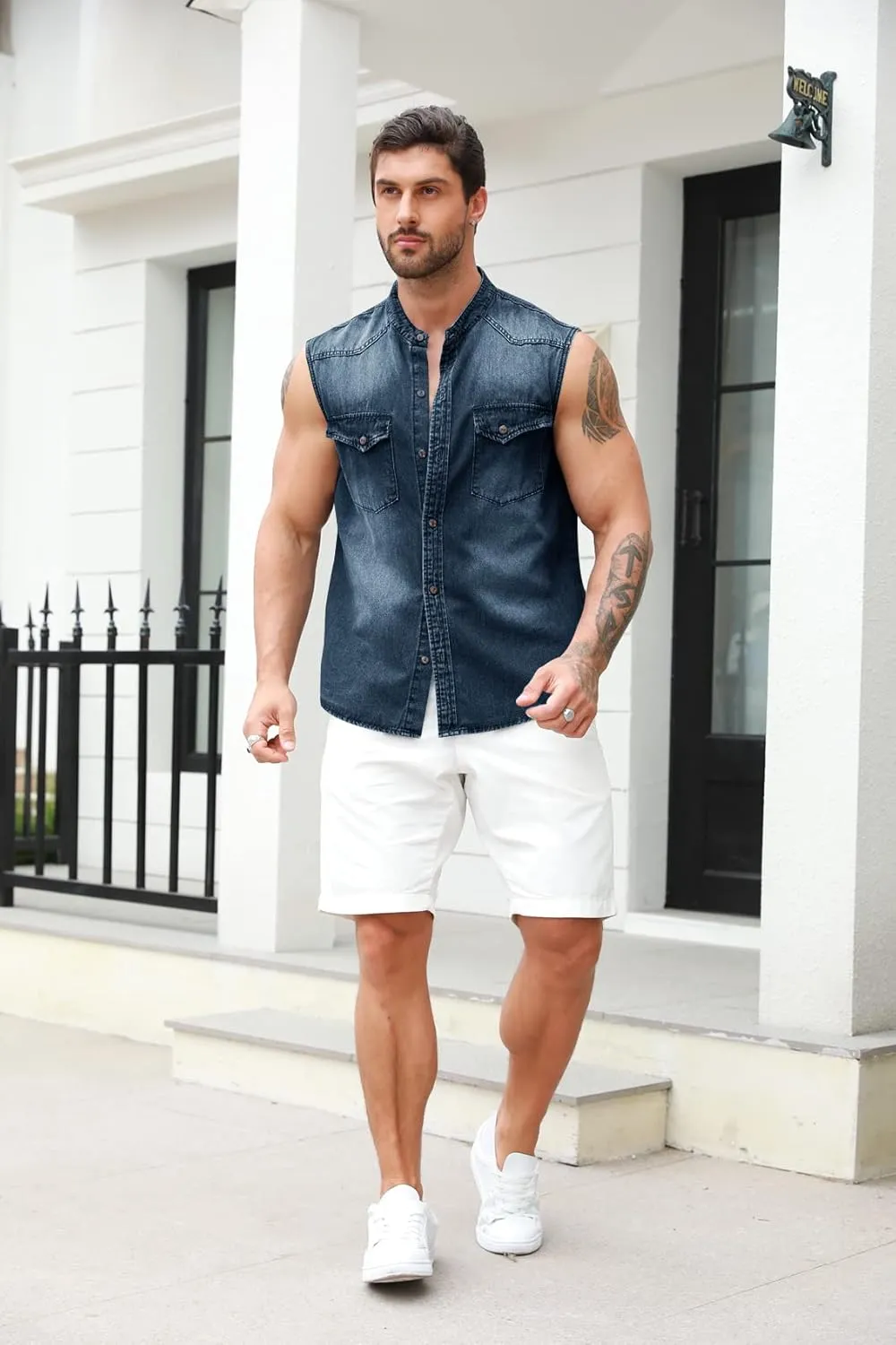 Ryannology Mens Denim Sleeveless Shirts Cowboy Jean Vest Casual Button Down Slim Fit Work Cotton Tops with Pockets