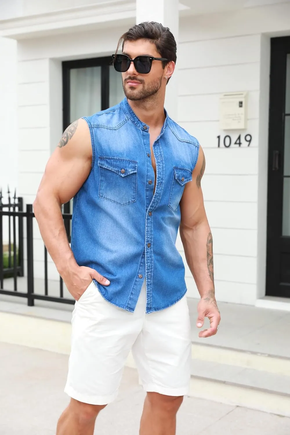 Ryannology Mens Denim Sleeveless Shirts Cowboy Jean Vest Casual Button Down Slim Fit Work Cotton Tops with Pockets