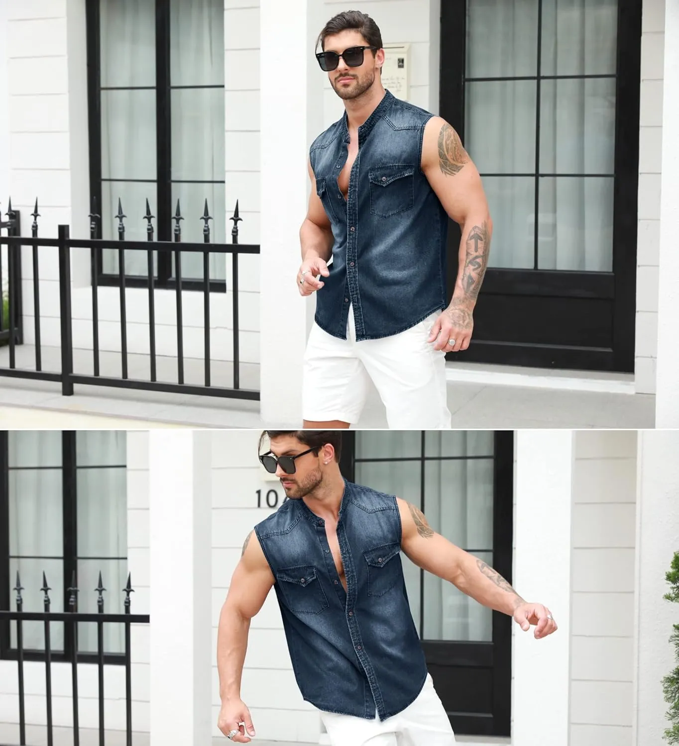Ryannology Mens Denim Sleeveless Shirts Cowboy Jean Vest Casual Button Down Slim Fit Work Cotton Tops with Pockets