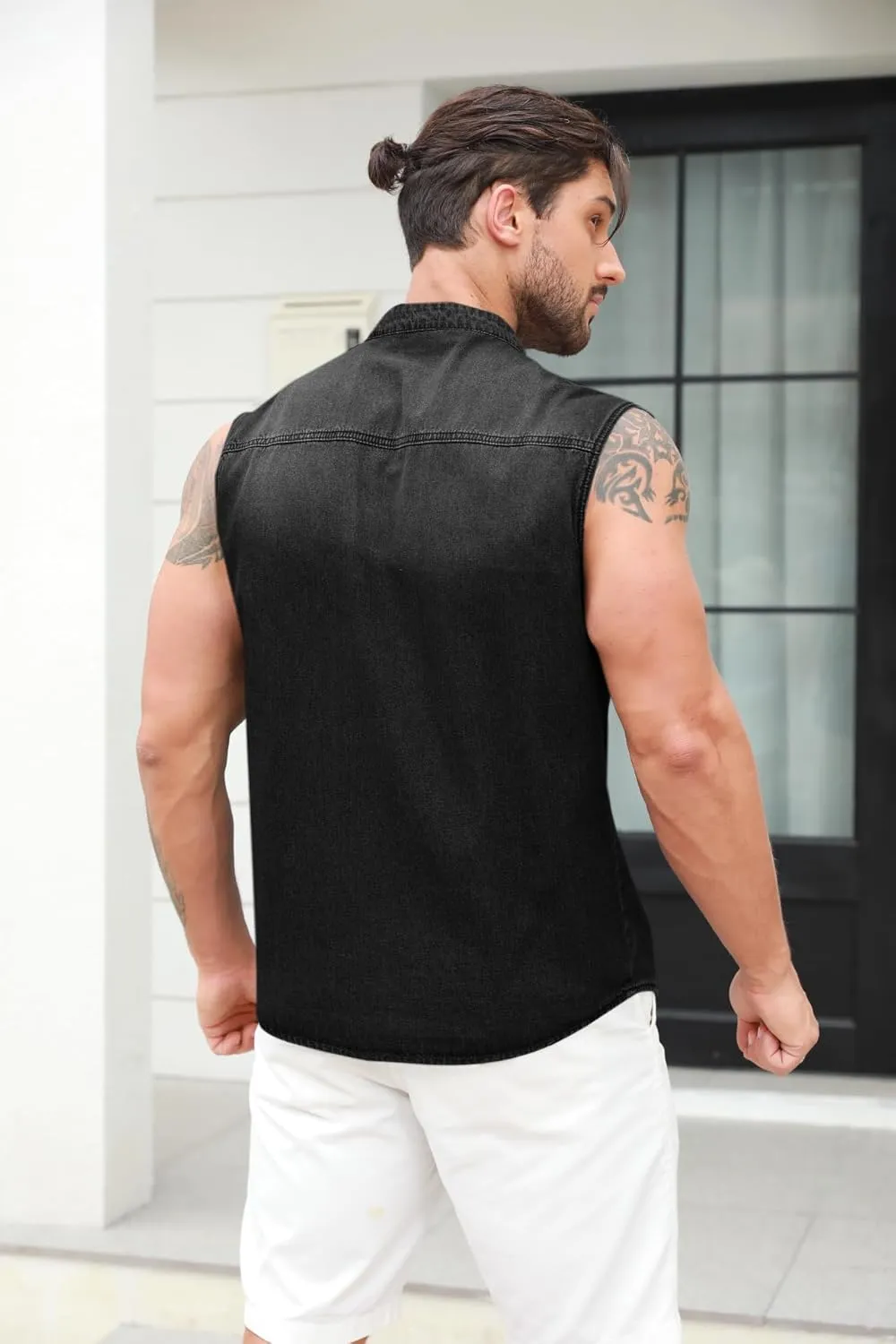 Ryannology Mens Denim Sleeveless Shirts Cowboy Jean Vest Casual Button Down Slim Fit Work Cotton Tops with Pockets