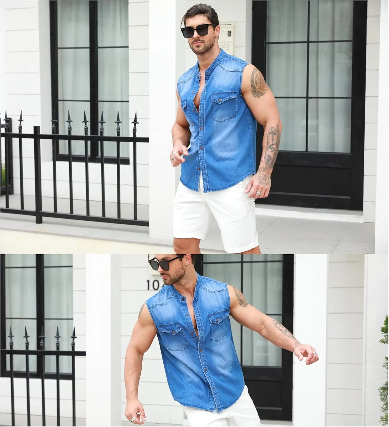 Ryannology Mens Denim Sleeveless Shirts Cowboy Jean Vest Casual Button Down Slim Fit Work Cotton Tops with Pockets