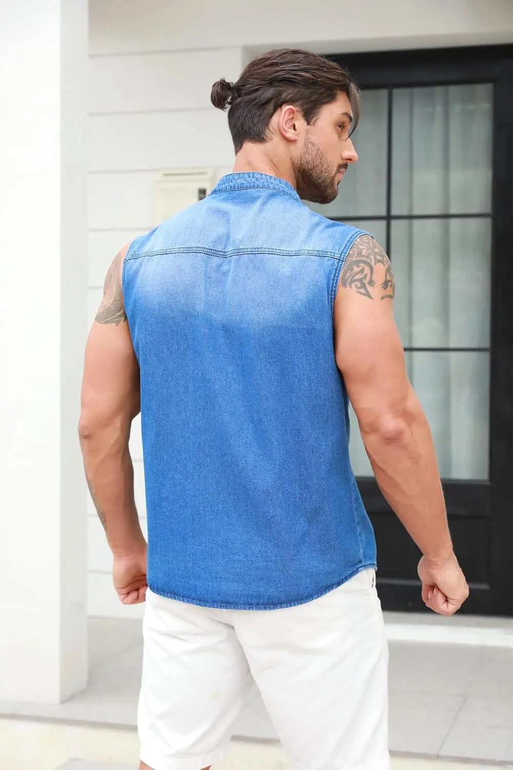 Ryannology Mens Denim Sleeveless Shirts Cowboy Jean Vest Casual Button Down Slim Fit Work Cotton Tops with Pockets