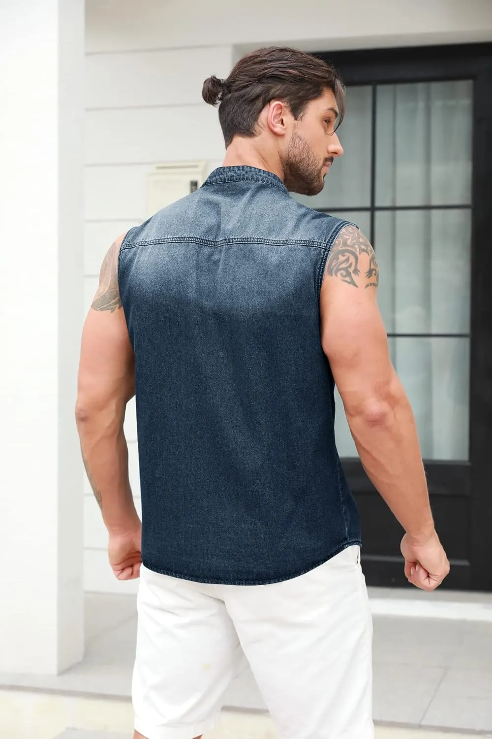 Ryannology Mens Denim Sleeveless Shirts Cowboy Jean Vest Casual Button Down Slim Fit Work Cotton Tops with Pockets