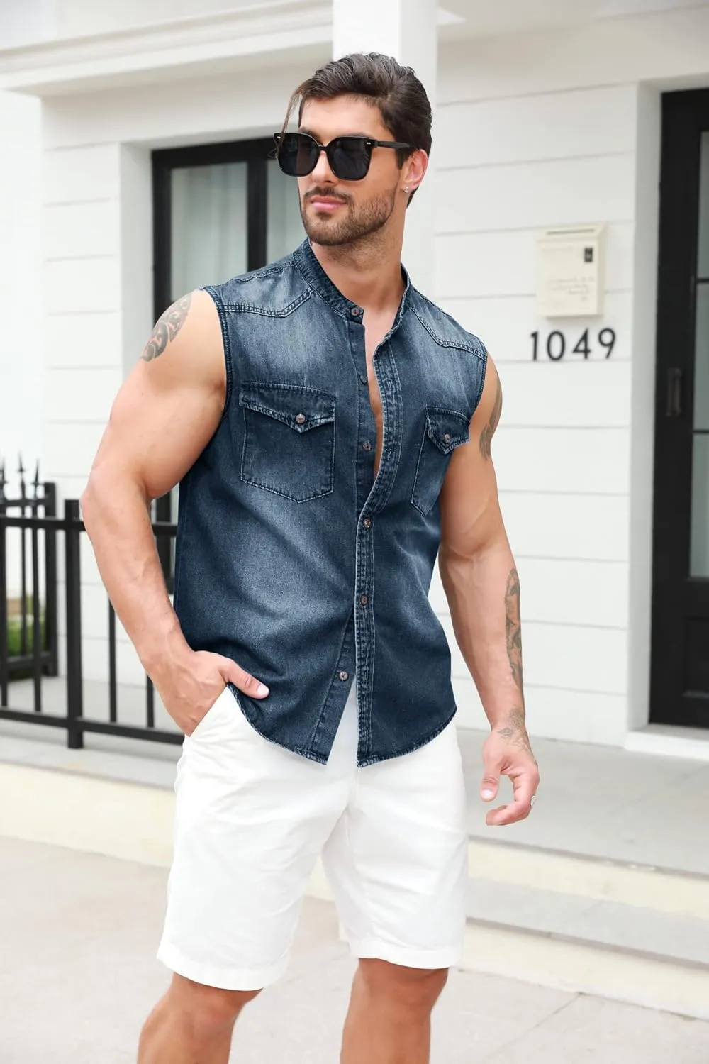 Ryannology Mens Denim Sleeveless Shirts Cowboy Jean Vest Casual Button Down Slim Fit Work Cotton Tops with Pockets