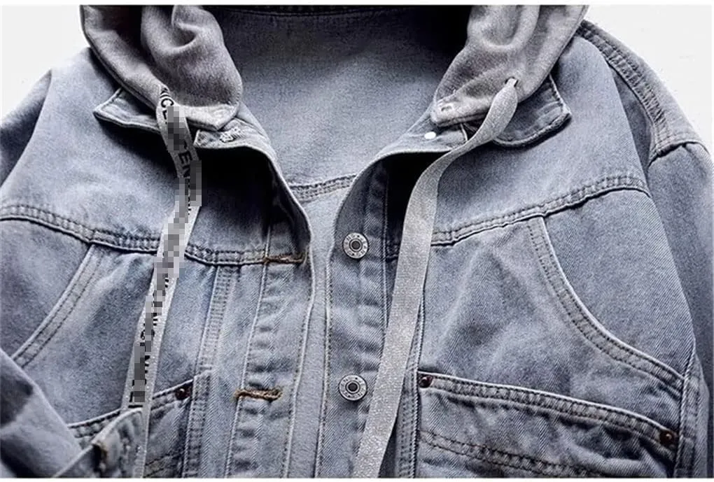 SaoBiiu Women Denim Jacket Blue Hooded Turn-Down Collar Loose Button Patchwork Outwear Female Casual Jean Coat