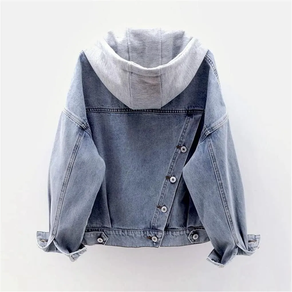 SaoBiiu Women Denim Jacket Blue Hooded Turn-Down Collar Loose Button Patchwork Outwear Female Casual Jean Coat